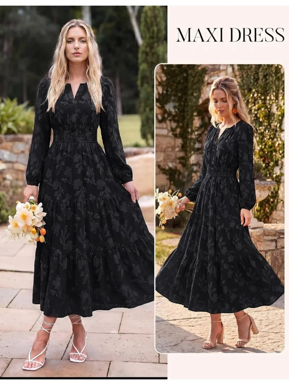 Women's Black Long Sleeve V Neck Elastic Waist A Line Imported Maxi Dress - Picture 2 of 6